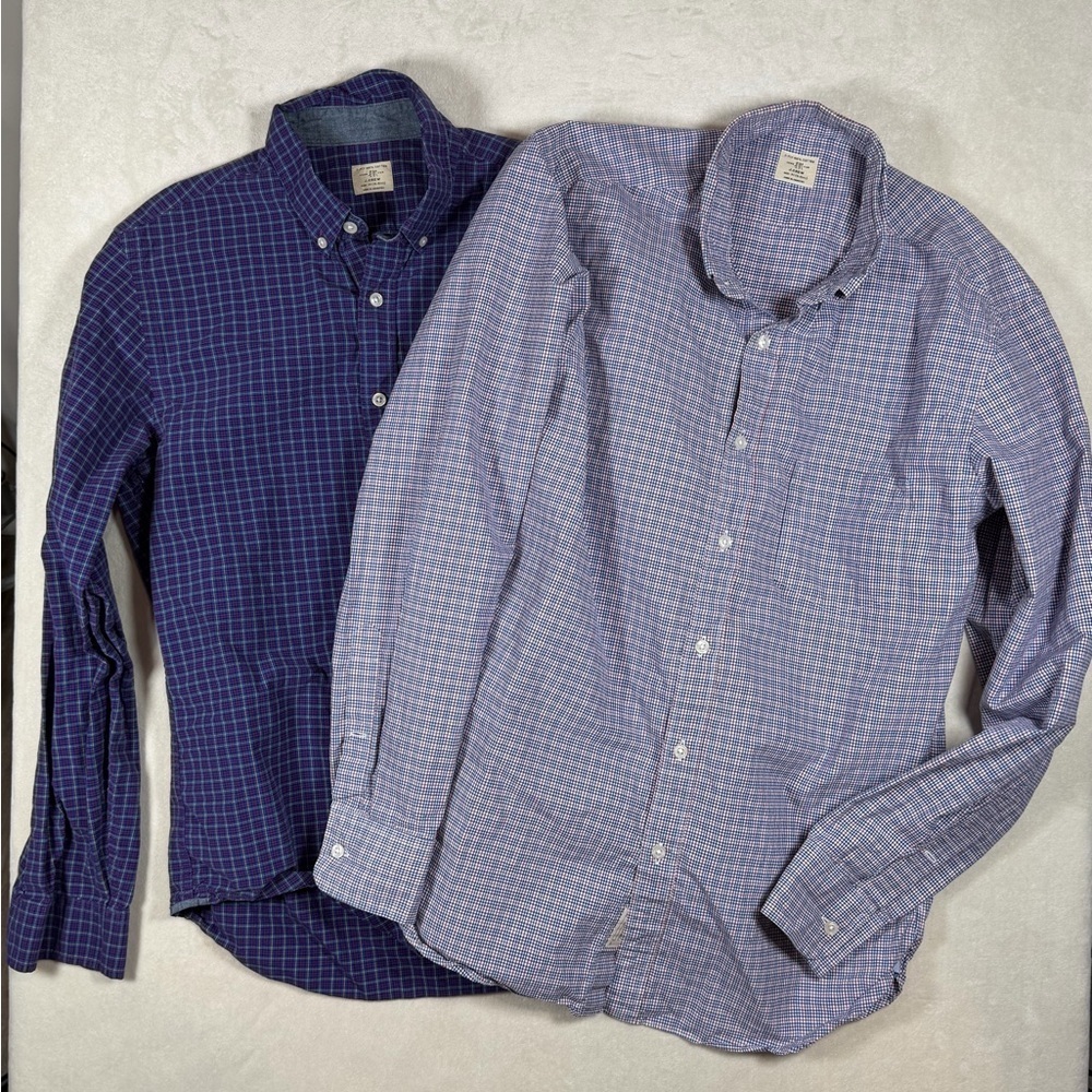 Lot of 2 J. Crew Medium Plaid Check Button-Down Shirts - Navy and Light Blue
